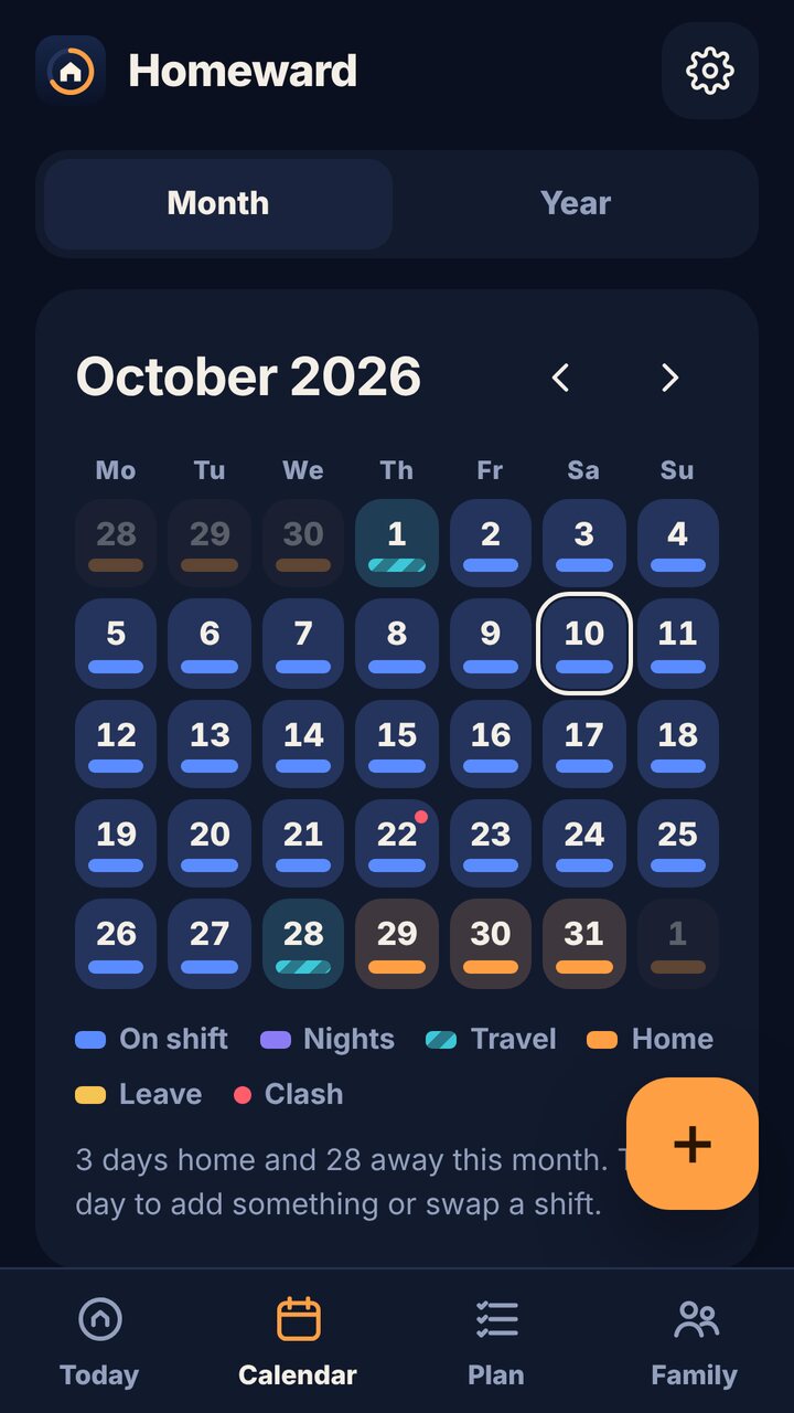 Month calendar of work and home days
