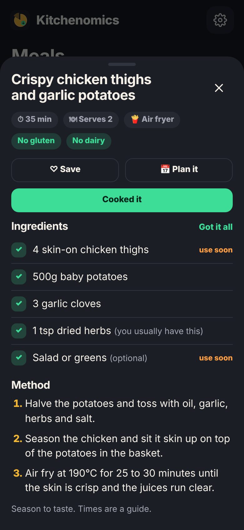 A recipe showing what you have and what's missing