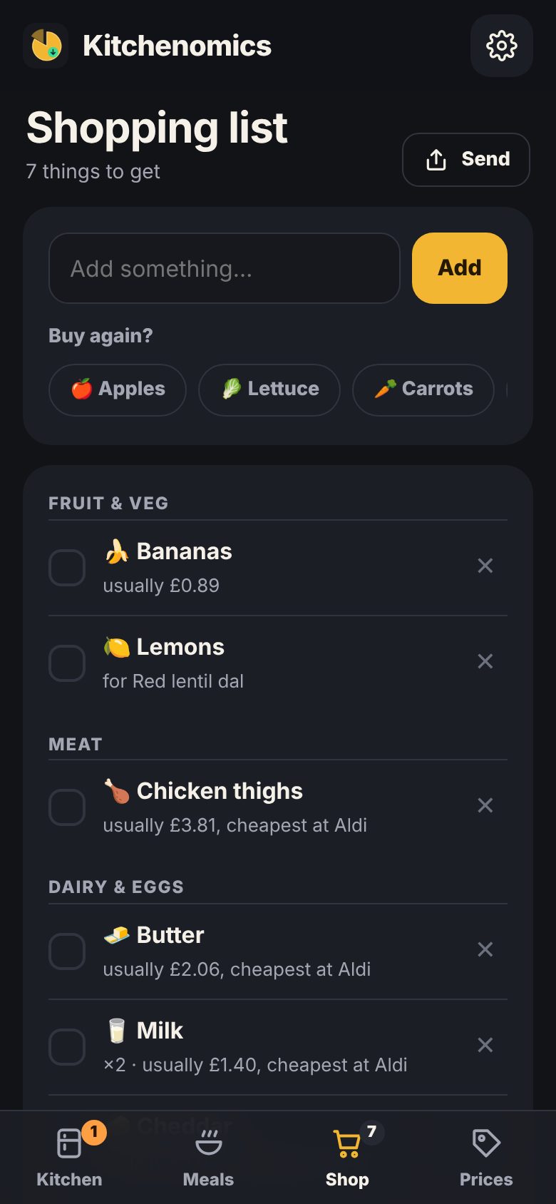 Shopping list with usual prices