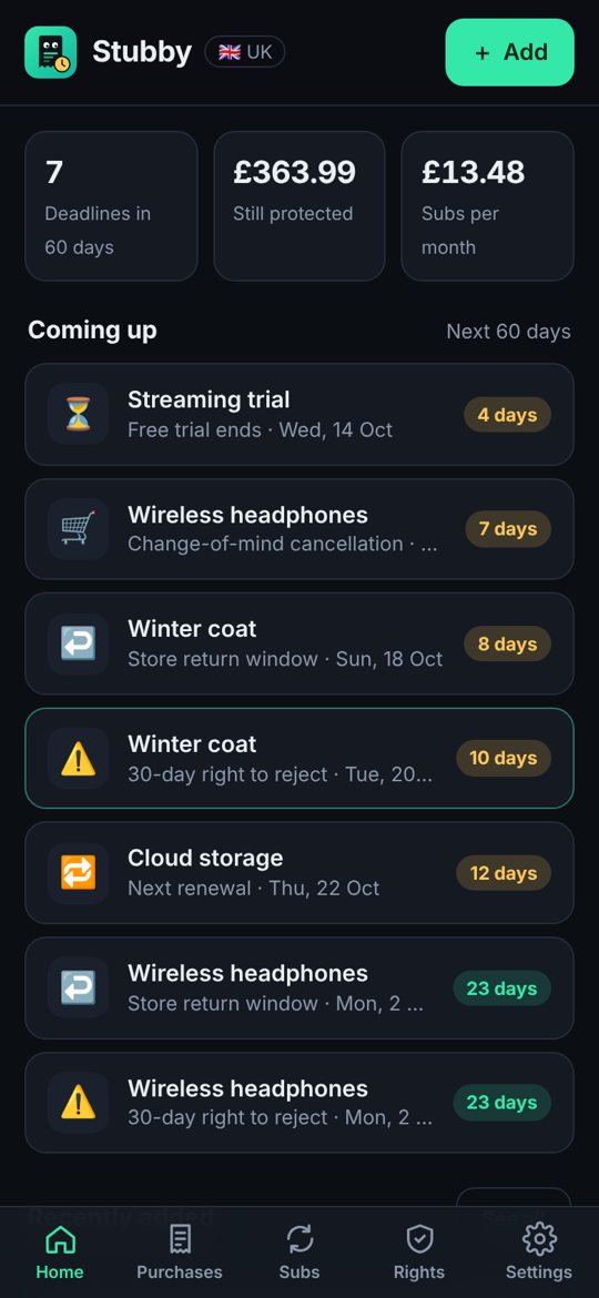 Upcoming deadlines on the home screen