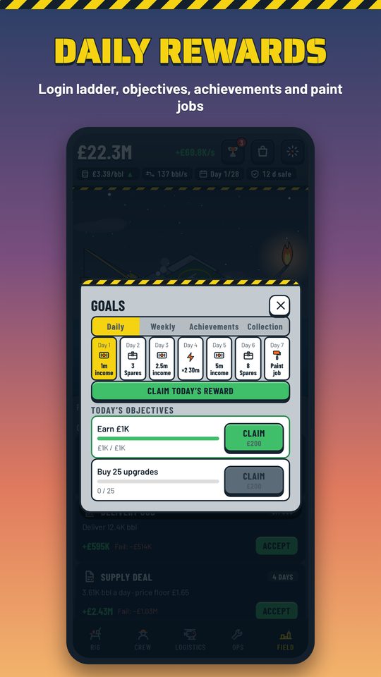 Daily rewards, goals and achievements