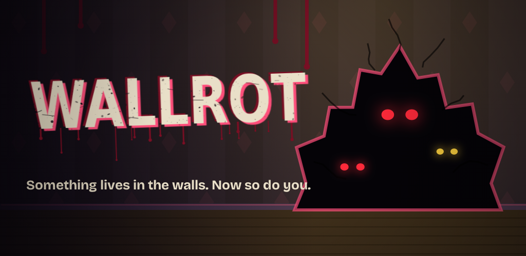 Wallrot key art: the logo next to a hole in the wall with glowing eyes